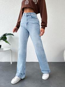 EURMUSE Solid Color Straight Leg Casual Denim Pants - Light Wash - View 5