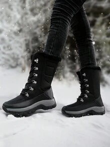 女士保暖内衬防水中筒系带雪地靴，户外旅游休闲冬季黑色雪地鞋 - 黑色 - 查看 6
