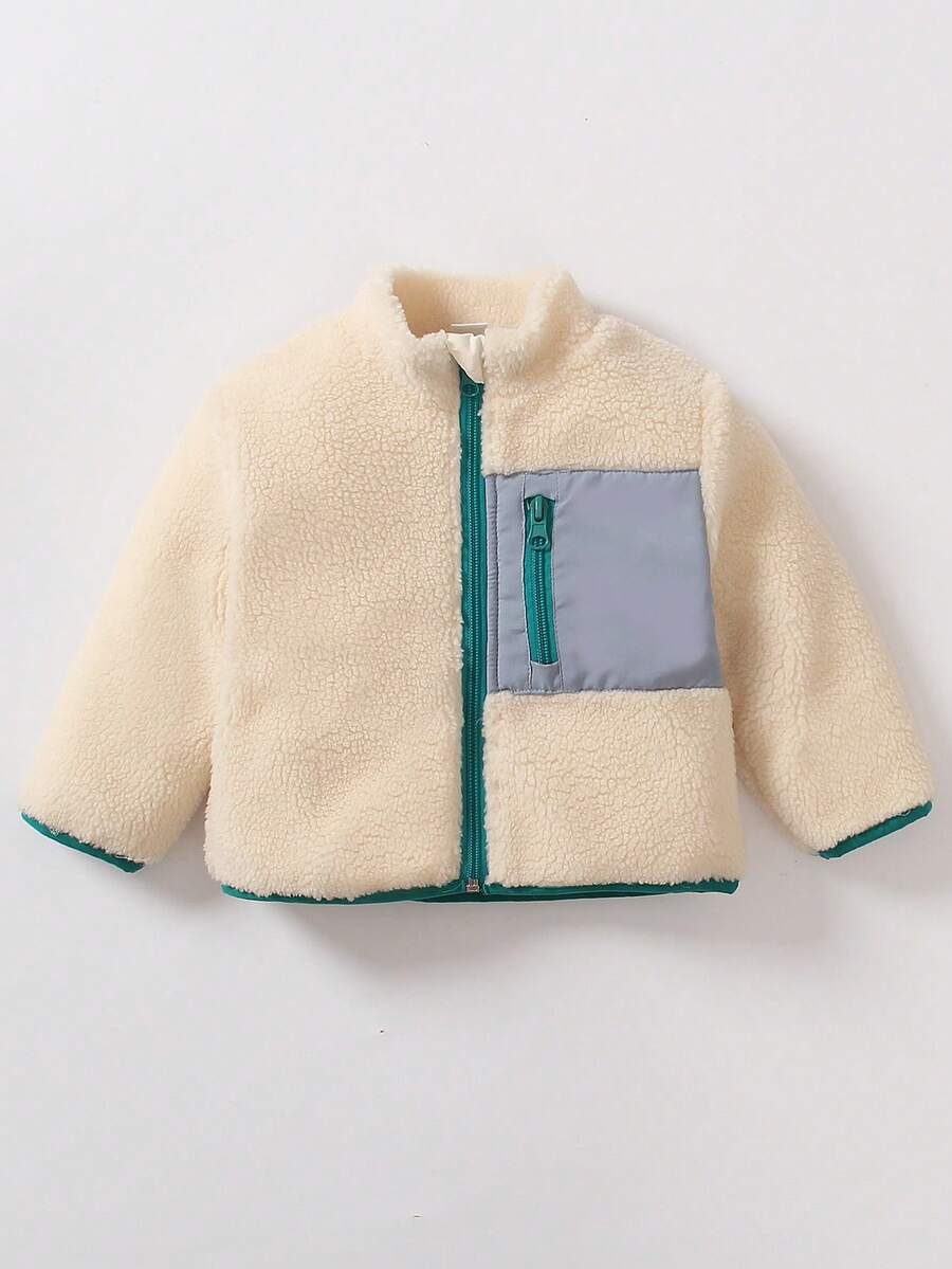 男嬰拉鏈開襟撞色滾邊絨毛外套 - 杏色 - 查看 1