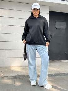 SHEIN EZwear Áo nỉ dệt kim màu đen cỡ lớn dành cho nữ, có họa tiết in. - màu đen - Xem 4