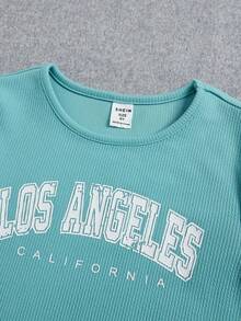 SHEIN Tween Girl Letter Graphic Tee & Sweatpants - Mint Green - View 3