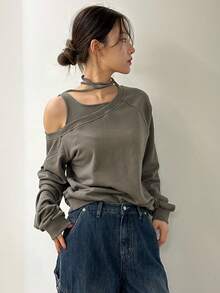 DAZY Chất rắn Cổ không đối xứng Áo nỉ - Màu Khaki - Xem 5