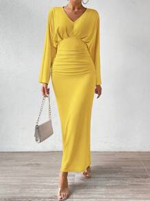 SHEIN Privé tay cánh Đầm Với Xếp li Chi tiết - Màu vàng - Xem 6