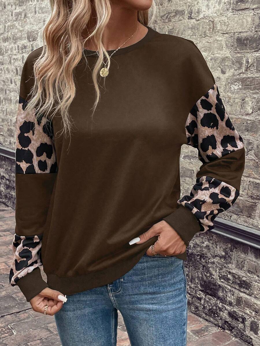 SHEIN LUNE Của phụ nữ In hoa Báo Thả vai Áo nỉ - Cà phê nâu - Xem 1