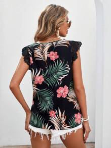 SHEIN VCAY Tropical Print Guipure Lace Panel Blouse - Multicolor - View 2