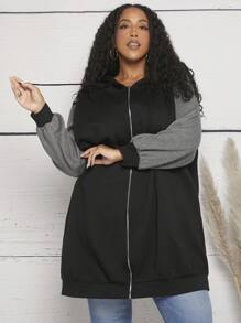 SHEIN CURVE+ 大码撞色拉链抽绳卫衣 - 彩色 - 查看 3