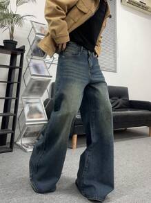 Claim Dot Loose Wide Leg Jeans With Slant Pockets For Men Plain Dark Blue Long Distressed Boot Cut Jeans Oversize Cargo Jeans, For Husband, Boyfriend Gifts - Medium Wash - View 5