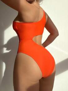 Swim Lushoire 夏日海灘露肩花朵刺繡連身泳衣，游泳衣 - 亮橙色 - 查看 2