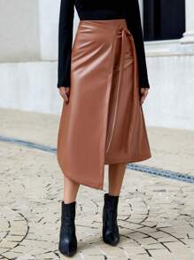 SHEIN Privé 素色側繫帶圍裹PU皮革半身裙 - 棕色 - 查看 4