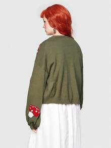 ROMWE Fairycore 女士香菇圖案下垂肩針織開衫毛衣 - 綠色 - 查看 5