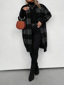 SHEIN LUNE Hơn Hoa văn kẻ sọc Thả vai Áo len Duster - Nhiều màu - Xem 7