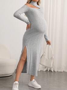 SHEIN Thai sản Cổ cao Cắt ra Tách đùi Đầm - Màu Xám nhạt - Xem 6