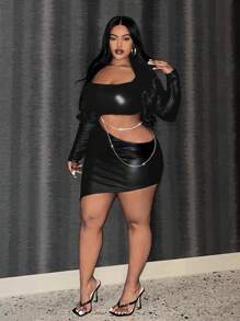Slaydiva Plus Cut Out Chain Detail Asymmetrical Hem PU Leather Bodycon Dress - Black - View 3
