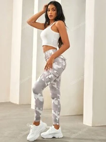 Camo Print Flap Pocket Side Running Yoga Stretch Leggings