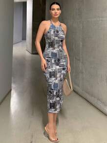 SHEIN Essnce Vestido ajustado de mujeres con retazo con estampado vintage - Azul - Ver 2