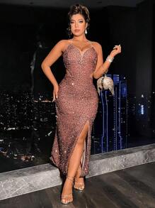 SHEIN Belle Plus Size Sequin Detail Halter Neck Backless Dress With High Slit - Rusty Rose - View 3