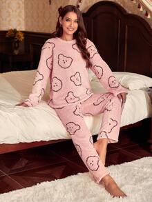 Cartoon Bear Printed Pajama Set - Pink - View 4