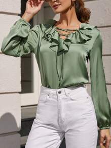 RueChic Lace Up Front Ruffle Trim Lantern Sleeve Satin Blouse - Army Green - View 5