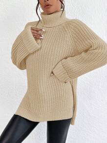 EURMUSE High Neck Raglan Sleeve Split Hem Sweater - Apricot - View 3