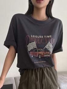 Dazy Star Ladies' Short Sleeve T-shirt With Letter & Car Pattern - Grey - View 7