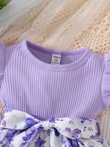 Đứa bé gái In hoa Viền Ruffle Đầm - Màu tím - Xem 4