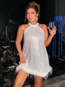 Allurite Plus Fuzzy Trim Sequin Keyhole Back Dress - White - View 1