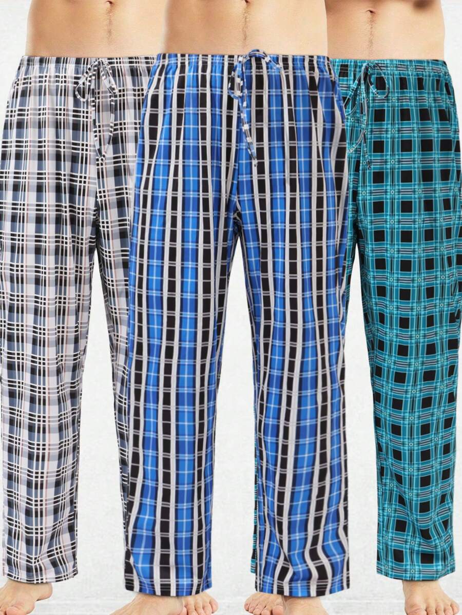 男士3入組方格印花零碎褲帶束前睡衣褲 - 彩色 - 查看 1