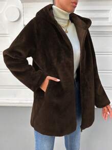 EURMUSE Zipper Hooded Fuzzy Coat - Dark Grey - View 4