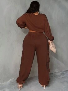 Slaydiva Kích thước lớn Hem Dây rút Hoodie Và Quần thể thao Bộ - màu nâu - Xem 2