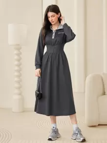 Seusyu 女士字母刺繡拼接有領高腰連衣裙 - 彩色 - 查看 1