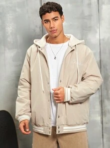 Manfinity Hypemode Men's Ultra Loose Fit Hooded Padded Coat With Letter Embroidery, Button Closure And Striped Trim Design - Khaki - View 1