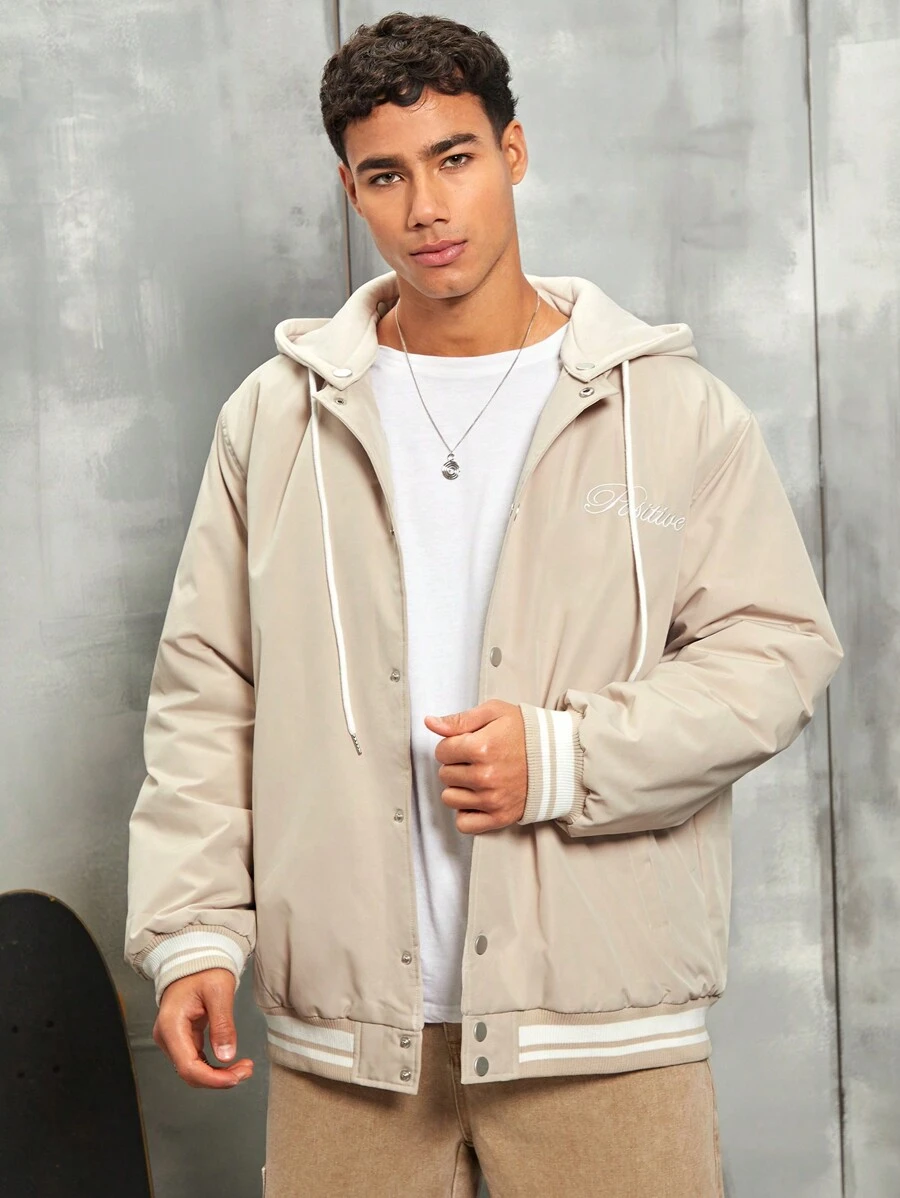 Manfinity Hypemode Men's Ultra Loose Fit Hooded Padded Coat With Letter Embroidery, Button Closure And Striped Trim Design - Khaki - View 1