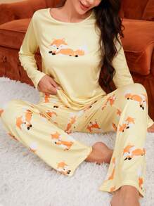 女士卡通狐狸圖案睡衣套裝 - 黃色 - 查看 2