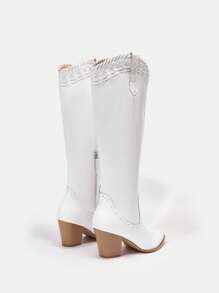 SheIn VCAY Stylish Pointed Toe Chunky Heel Women's Boots Cowboy Boots - White - View 4