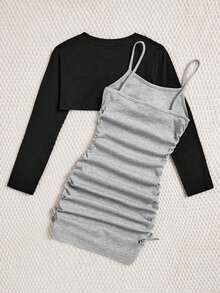 SHEIN Tween Girl Solid Cami Dress & Super Crop Tee - Light Grey - View 2