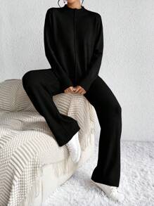 Chiquease 女士半高領長袖毛衣和長褲套裝 - 黑色 - 查看 1