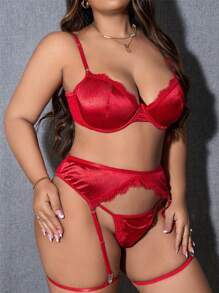 Plus Size Lace Edge Sexy Lingerie 5pcs/set - Red - View 3