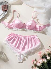 SHEIN Lace Trim Satin Lingerie Set - Pink - View 2