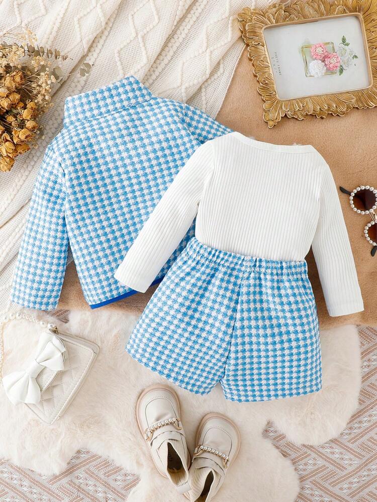 Baby Girl Gingham Print Contrast Binding Jacket & Shorts & Tee