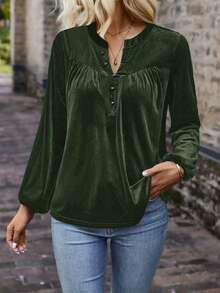 SHEIN LUNE Ladies' Solid Color Button-up Half Placket Lantern Sleeve T-shirt - Army Green - View 5