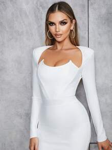 Split Back Shoulder Pad Bandage Dress - White - View 5