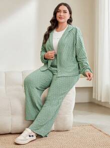 Mulvari Women's Plus Size Solid Color Zip Front Hooded Jacket And Wide Leg Pants Two-Piece Set 2 Piece Set