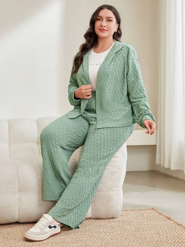 Women's Plus Size Solid Color Zip Front Hooded Jacket And Wide Leg Pants Two-Piece Set 2 Piece Set