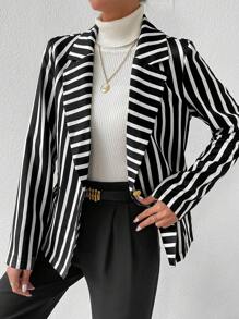 SHEIN Frenchy Striped Print Single Button Blazer - Black - View 6