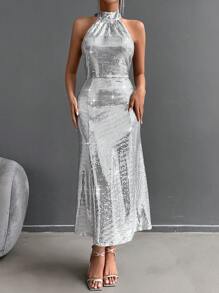 EURMUSE Vestido Plateado De Lentejuelas Para El Cuello Halter Para Mujer, Ideal Para Fiestas - Plateado - Ver 1