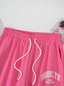 SHEIN LUNE 女性字母圖案抽繩衛褲 - 粉色 - 查看 4