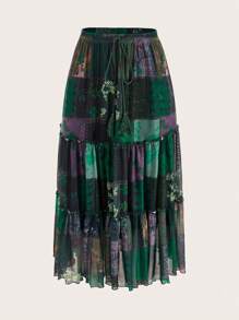 ROMWE PUNK Patchwork Print Layered Hem Skirt - Green - View 1