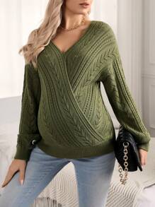 SHEIN Maternity Wrap Neck Drop Shoulder Sweater, For Winter - Army Green - View 1