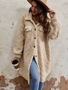 SHEIN LUNE 翻蓋細節落肩袖絨毛外套 - 卡其色 - 查看 5