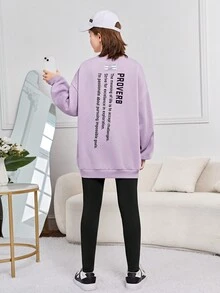 SHEIN 青少年女孩標語圖案落肩袖套頭衫&緊身打底褲 - 紫色 - 查看 9